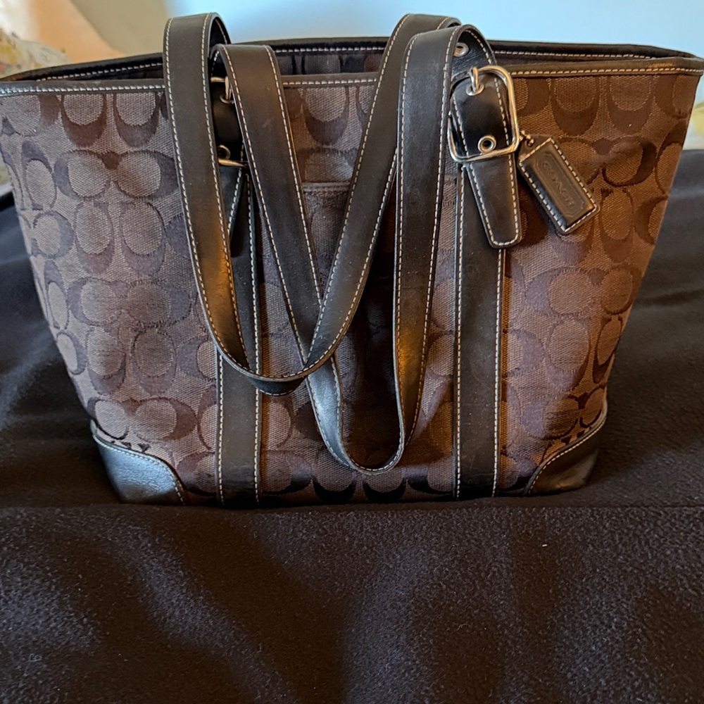 Coach Faded Black Signature Tote with Black Leather Trim